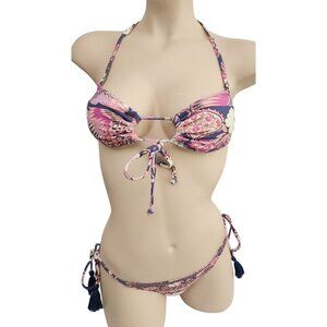 Spell & Gypsy Pink Tassel Floral Top Bottom Bikini Swimsuit Extra Small XS